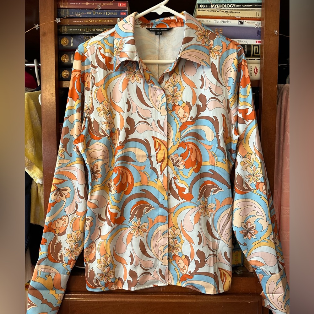 Women’s Boston Proper Fleur Multi-Color Silk Blouse. Size 12.